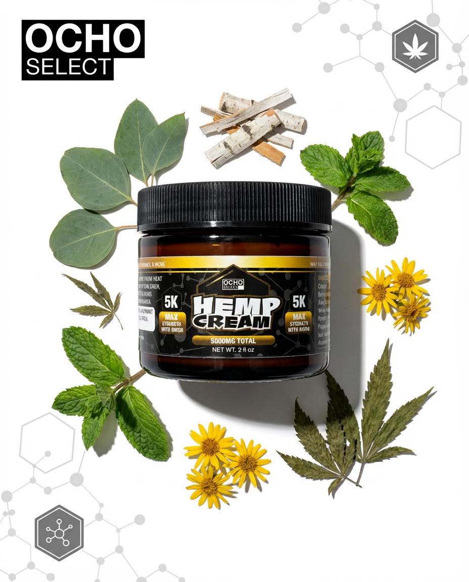 OCHO Select Hemp Cream jar surrounded by leaves and flowers on a white background