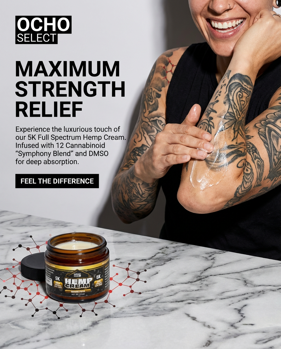 Person applying cream to their arm with OCHO Select Hemp Cream jar on a marble surface