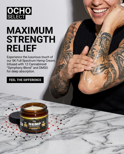 Person applying cream to their arm with OCHO Select Hemp Cream jar on a marble surface