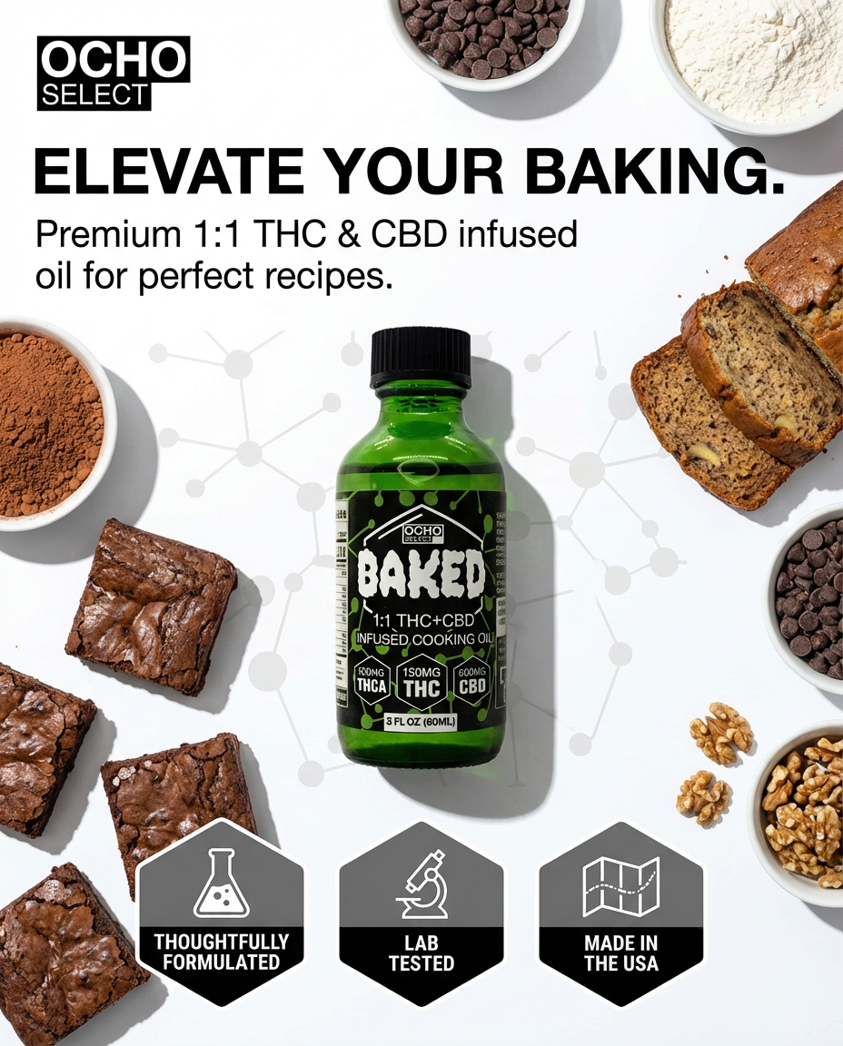 Green bottle labeled 'Baked' with baking ingredients and baked goods on a white background, featuring OCHO Select branding.