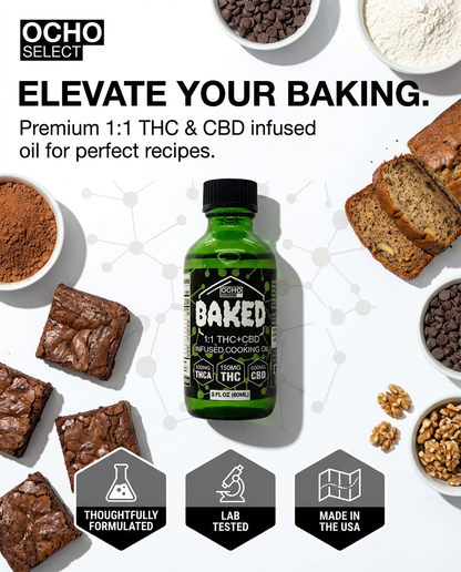 Green bottle labeled 'Baked' with baking ingredients and baked goods on a white background, featuring OCHO Select branding.