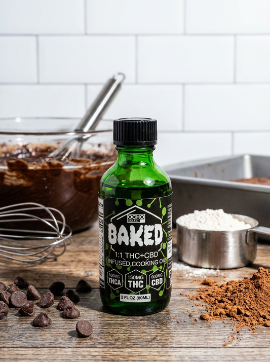 Green bottle labeled 'Baked' with cooking ingredients on a wooden surface.
