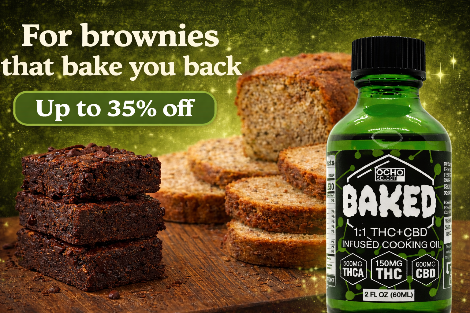 Bottle of Ocho Baked THC+CBD infused cooking oil with brownies on a wooden surface.